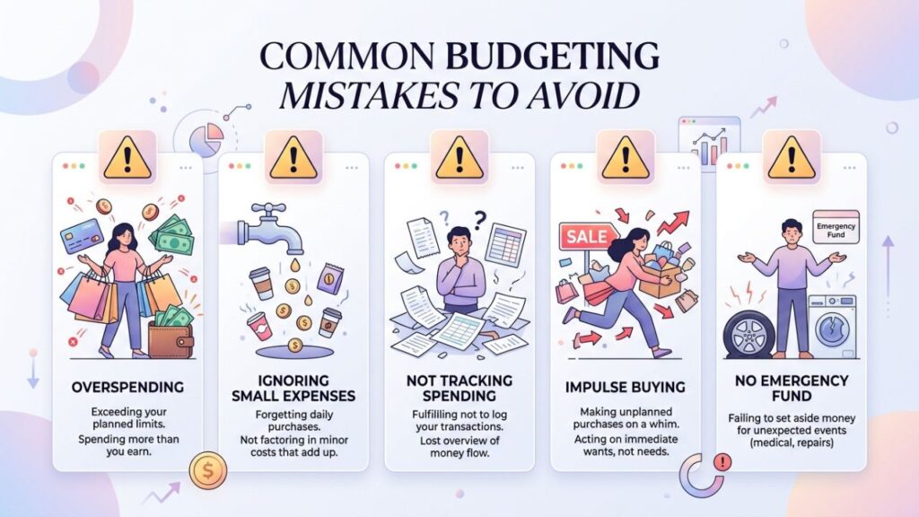 common budgeting mistakes like overspending and ignoring small expenses