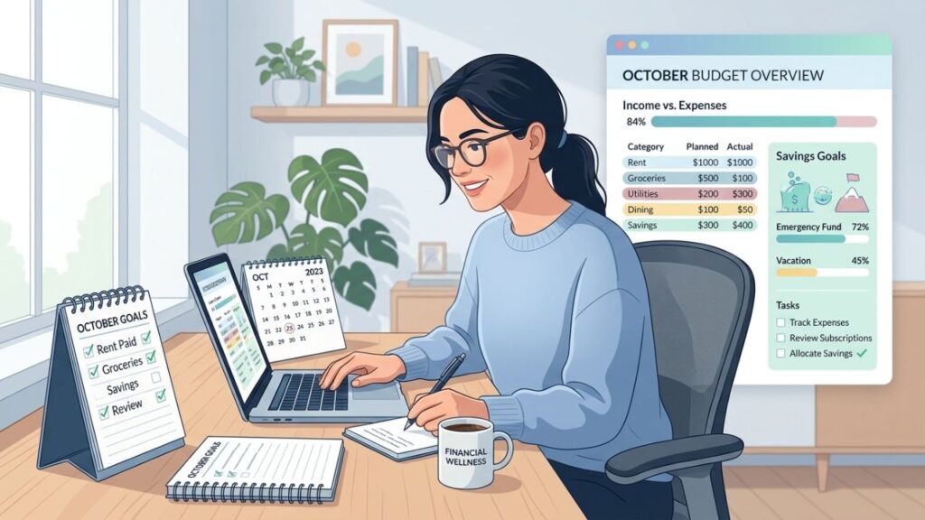 person reviewing budget with checklist and calendar monthly