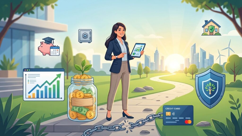 Savings and debt repayment concept showing financial growth and security