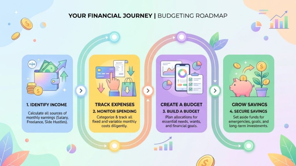 visual roadmap showing steps to create a monthly budget