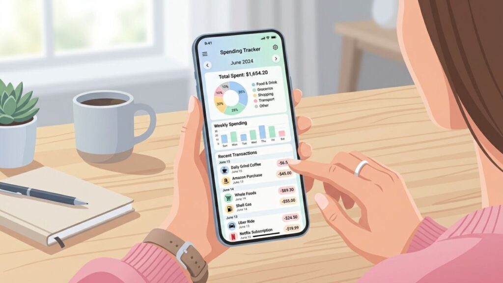 smartphone showing expense tracking app with spending breakdown